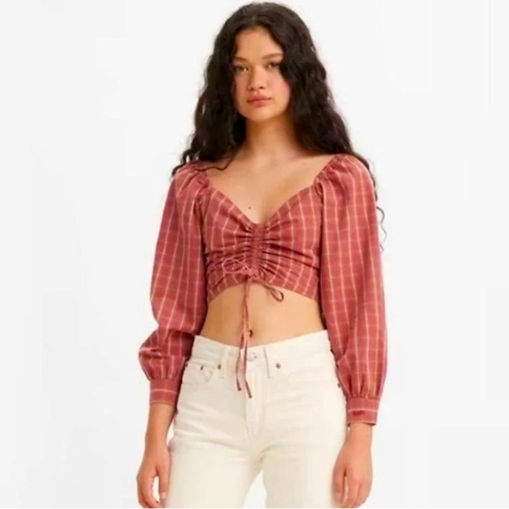 Levi’s Puff Sleeve Plaid Ruched Crop Top Devin Medium Women’s Red Long Sleeve